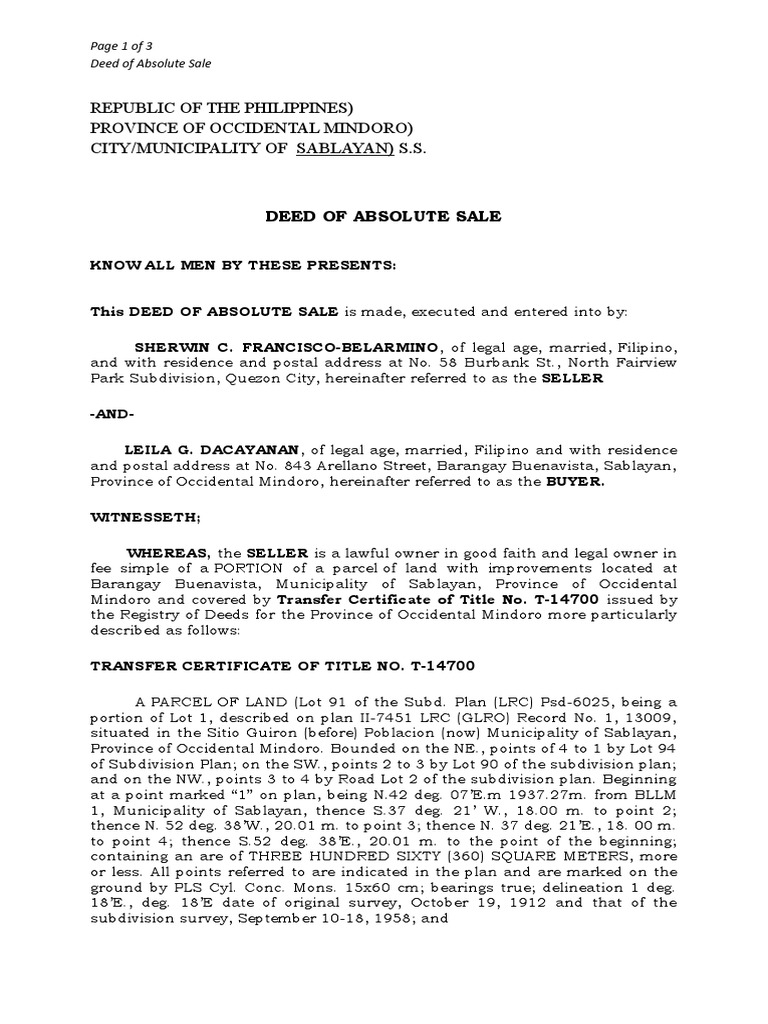 Deed of Sale of Parcel of Lot Leila Dacayanan Land Lot Private Law