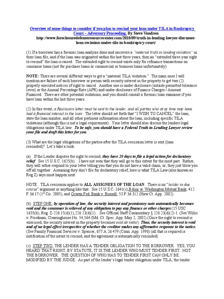 TILA Rescission in Bankruptcy Explained | PDF | Truth In Lending Act ...
