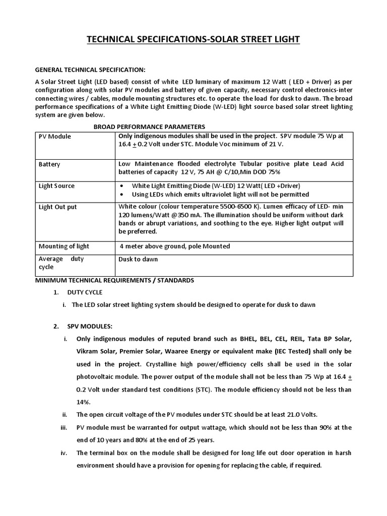 Solar Street Light Technical Specs | PDF | Light Emitting Diode | Solar ...