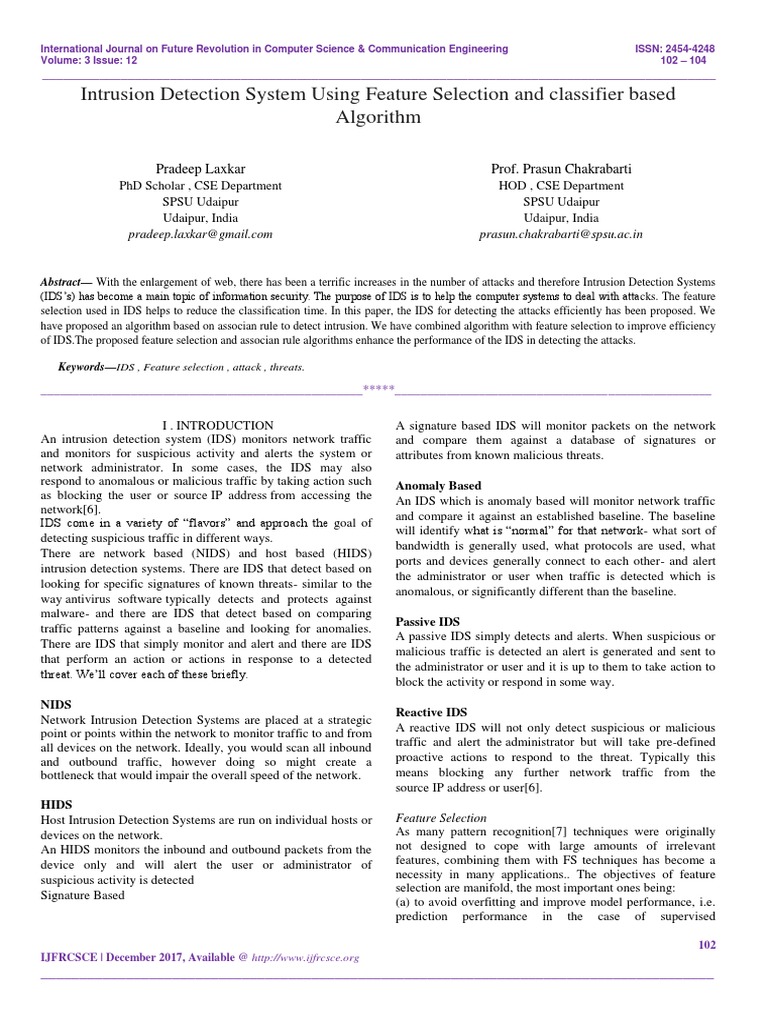 Intrusion Detection System Using Feature Selection and Classifier Based ...
