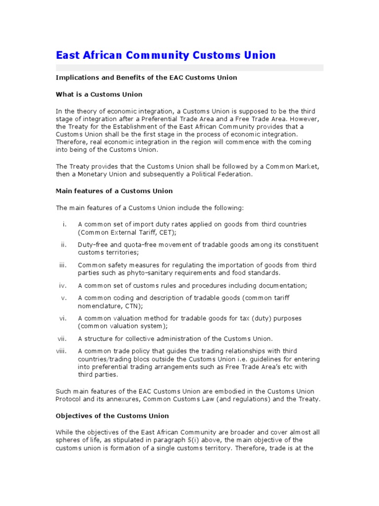 EAC Customs Union: Impacts and Benefits | PDF | Economic Integration ...