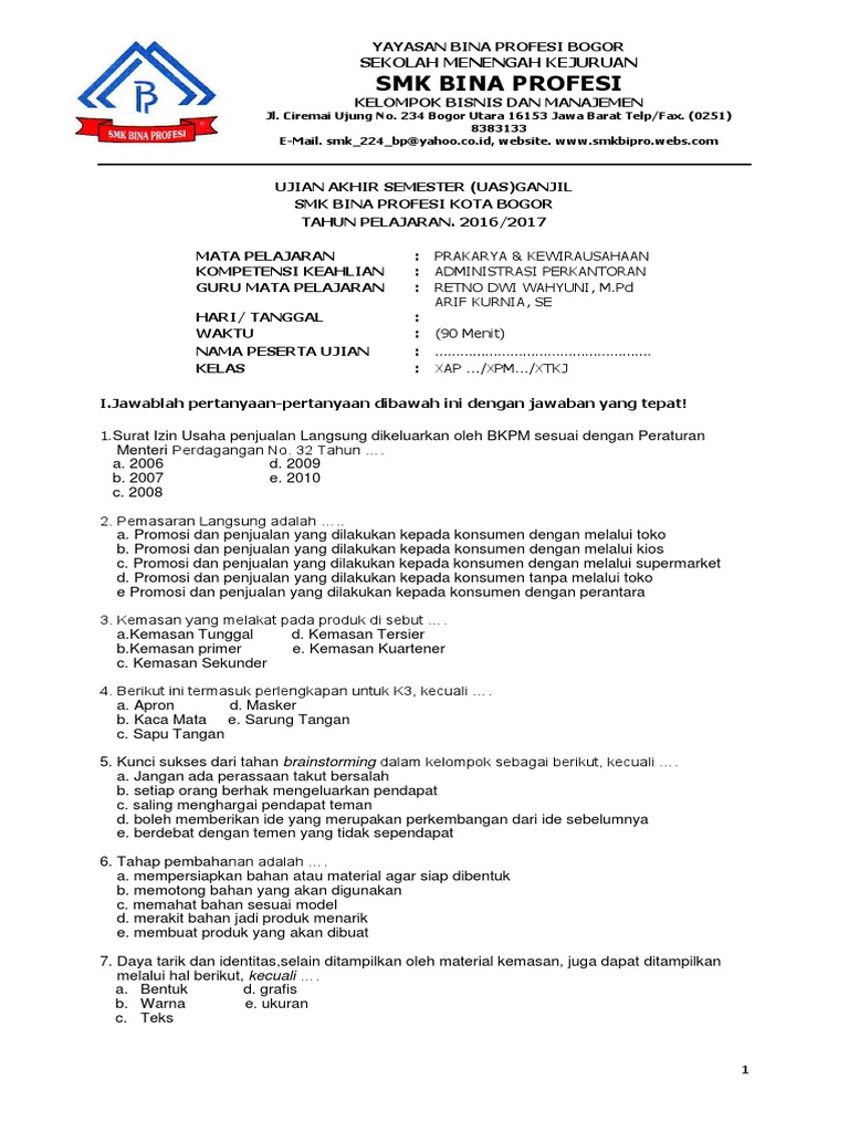 Soal Uts Pkwu Bp Genap 2018