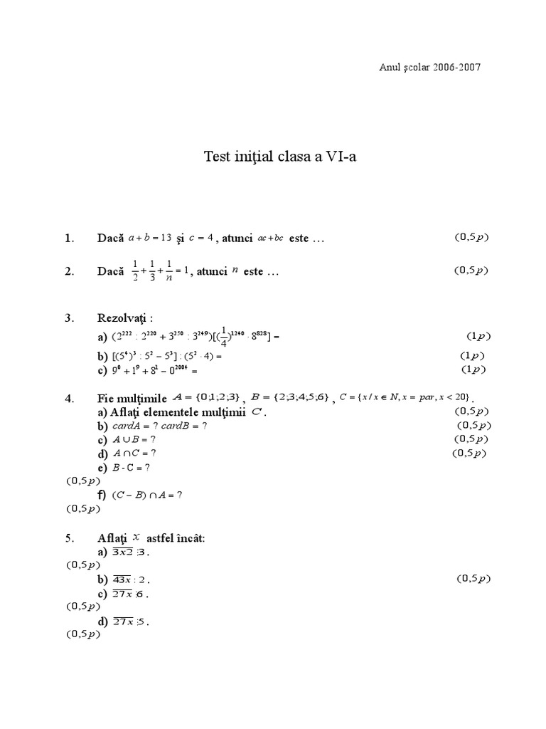Test Initial Clasa A Vi-A | PDF
