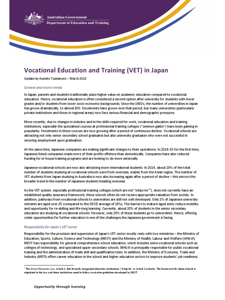 Vocational Education and Training (VET) in Japan: Context and Recent ...