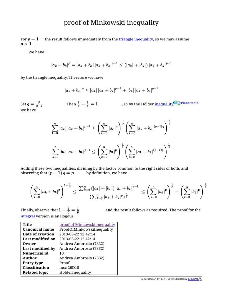 Proof of Minkowski Inequality PDF Mathematical Analysis Teaching