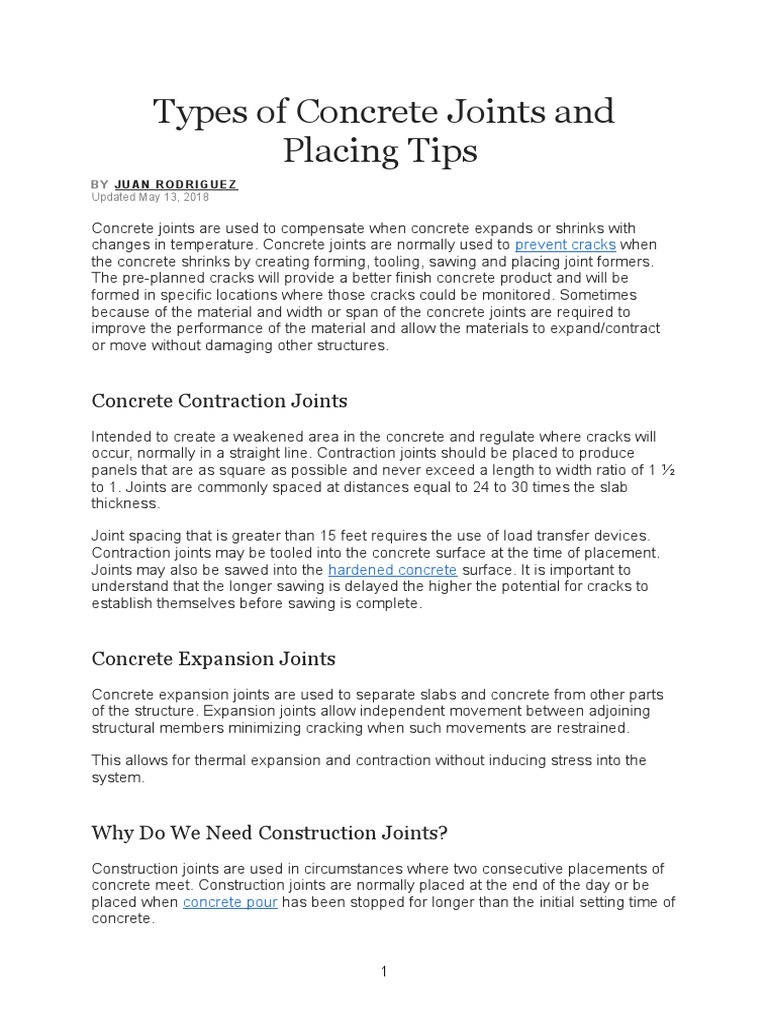 Types of Concrete Joints and Placing Tips PDF Thermal Expansion Concrete