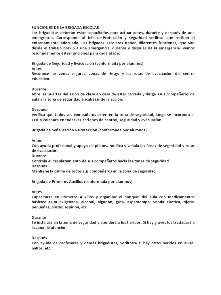 Funciones de La Brigada Escolar | PDF