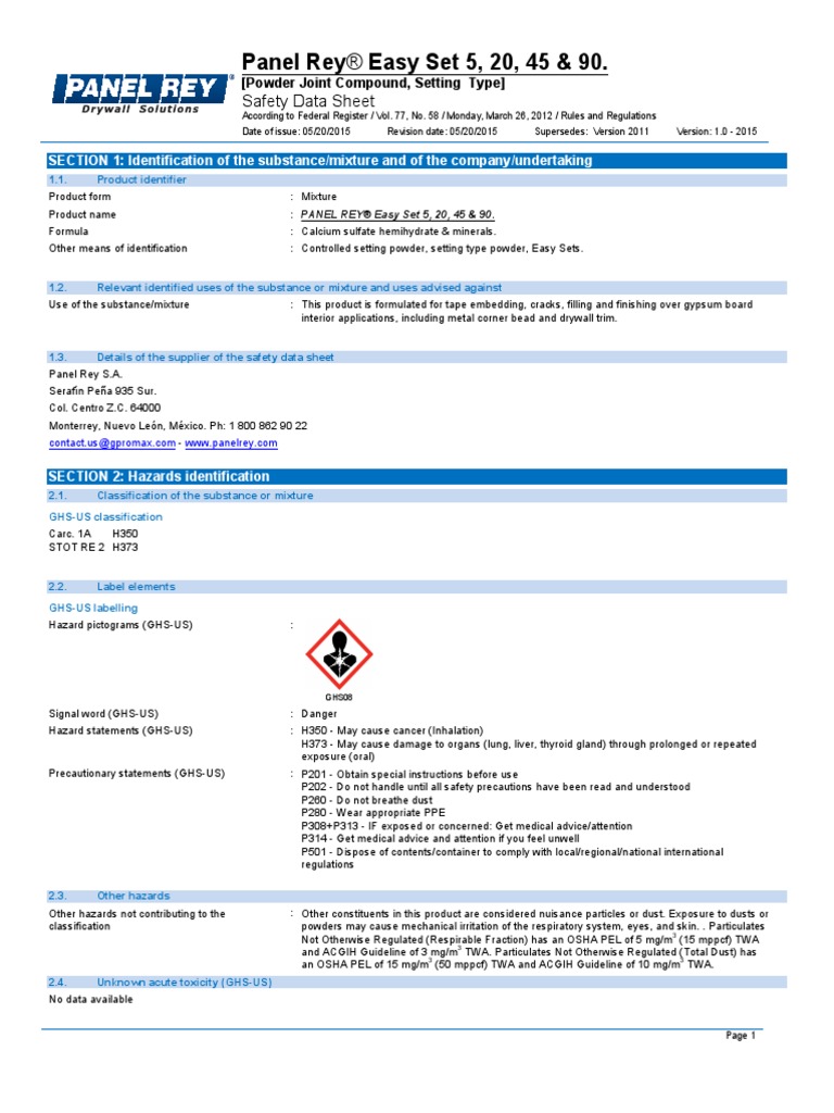 SDS Panel Rey 04 Easy Set 05 20 45 90 Min Powder Joint Compound
