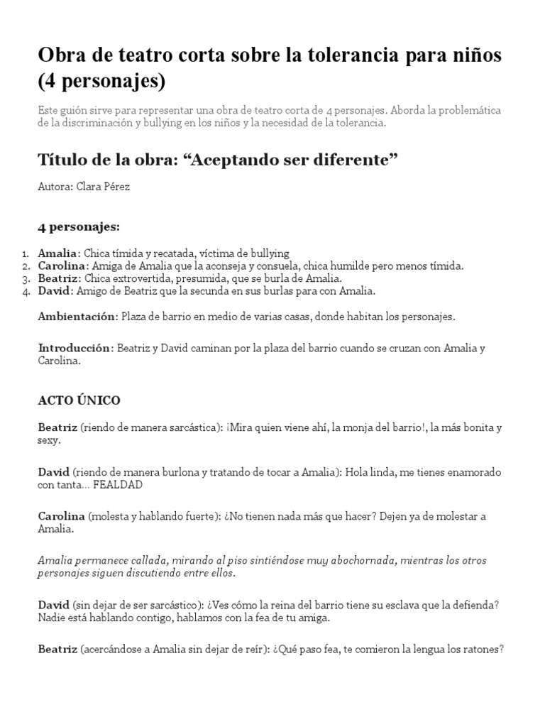 Obra de Teatro Corta Sobre La Tolerancia Para Niños Ocio