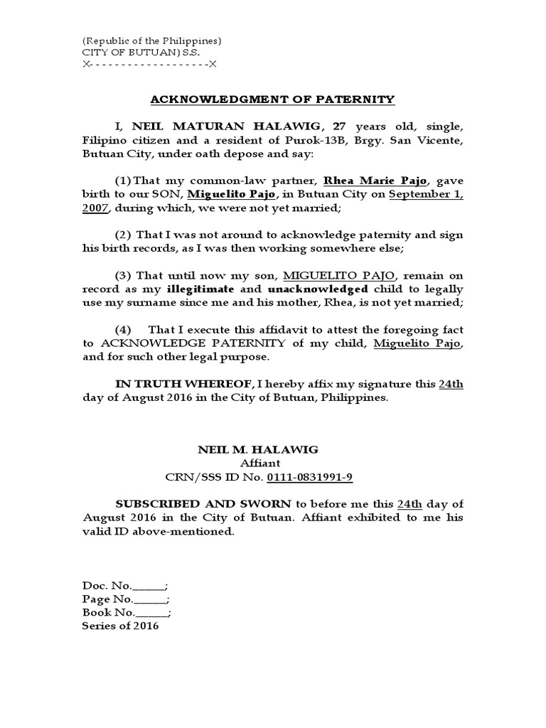 Acknowledgment of paternity and legitimation affidavit legal