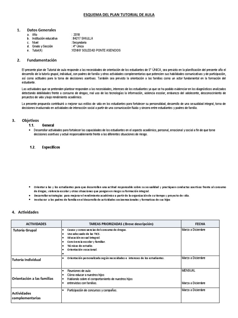 Esquema Del Plan Tutorial de Aula - para Cargar | PDF | Toma de ...
