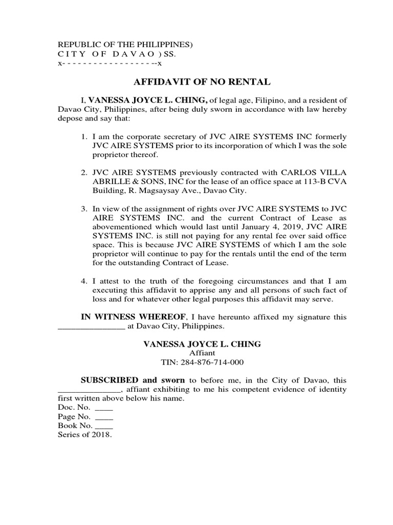 Affidavit of No Rental for JVC Inc. | PDF | Finance & Money Management ...