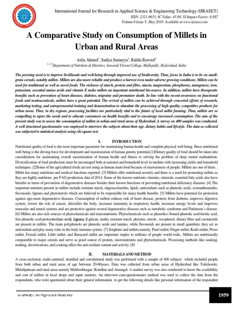A Comparative Study On Consumption of Millets in Urban and Rural Areas ...