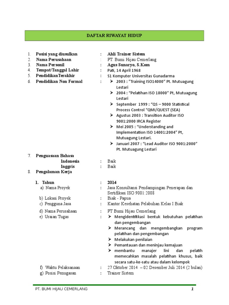 CV AGUS SUNARYO ISO 9001 Rev 1 | PDF