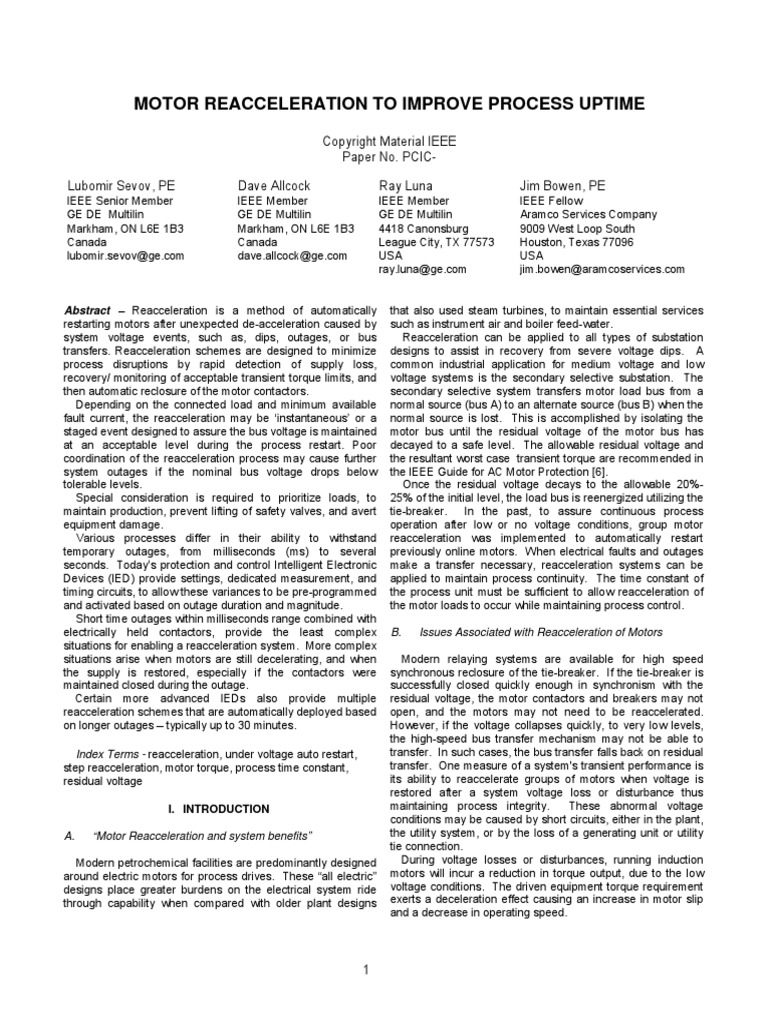 Motor Reacceleration To Improve Process Uptime PDF Relay