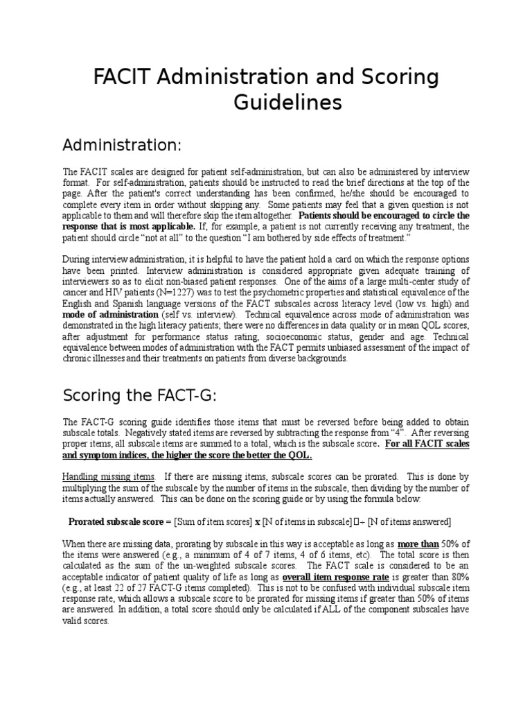 FACIT Scales Administration & Scoring Guide | PDF | Quality Of Life ...