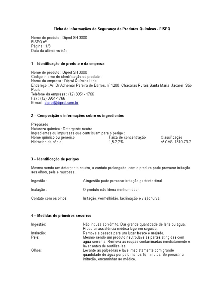 FISPQ do Diprol SH 3000 | PDF | Embalagem e rotulagem | Química