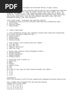 50 Soal Jawaban Bab Kelangkaan Dan Kebutuhan Manusia Pilgan Essay