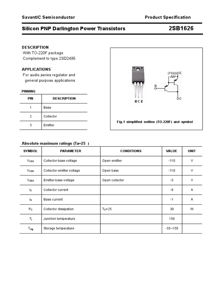 2SB1626 PNP Darlington Transistor Specs | PDF | Bipolar Junction ...