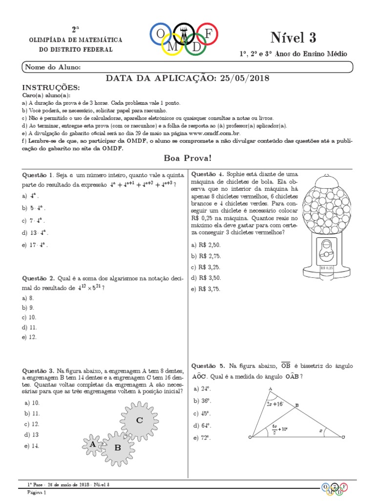 Prova da 2a Olimpíada de Matemática do Distrito Federal para alunos do ...