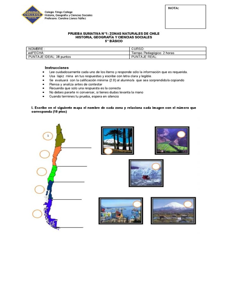Prueba Zonas Naturales de Chile 5° Básico | PDF | Climatología | Clima