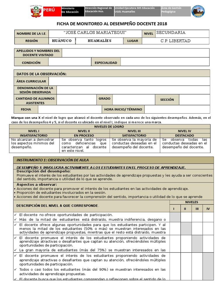 Ficha de Monitoreo Docente 2024 | PDF | Maestros | Salón de clases