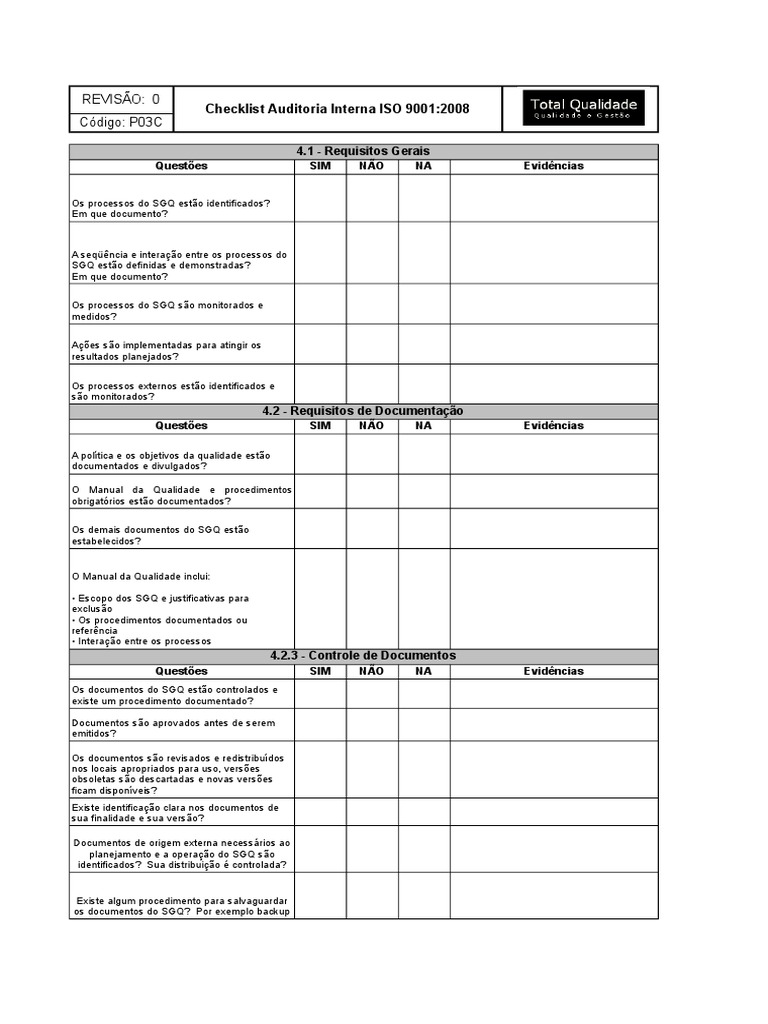 Checklist Auditoria Interna ISO 9001 | PDF | Auditoria interna ...