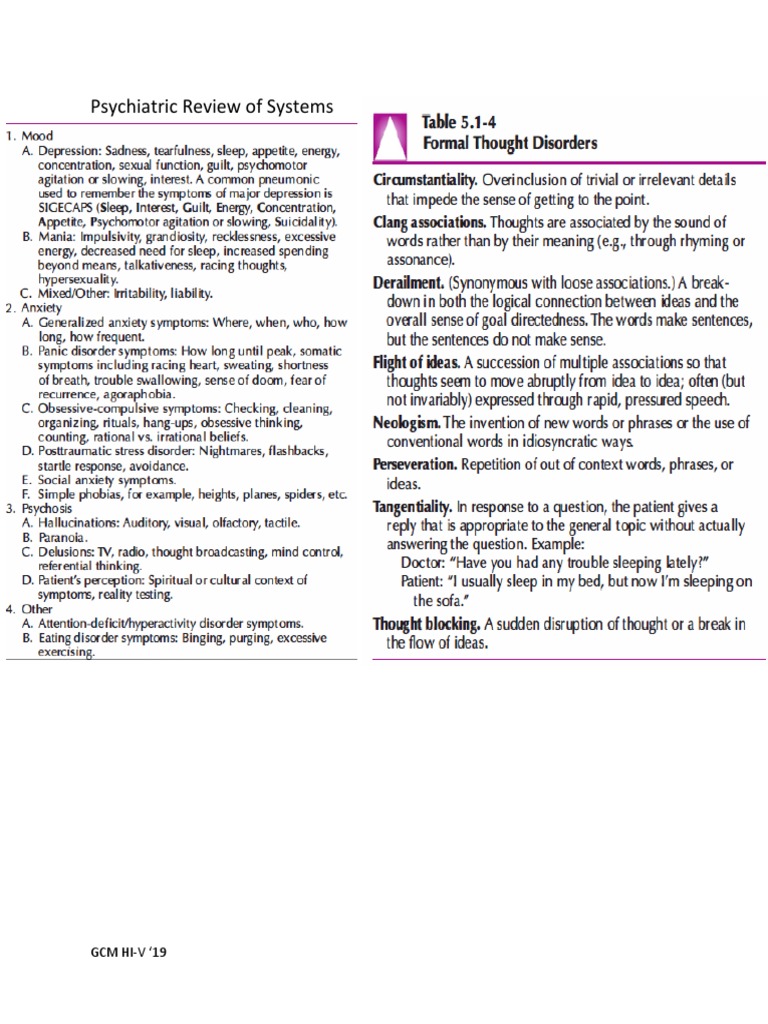 Psychiatric Review of Systems: GCM HI-V 19 | PDF