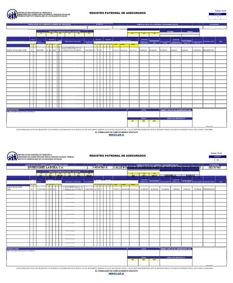 Formulario - 13 - 12 Ivss Registro Patronal de Asegurados | PDF