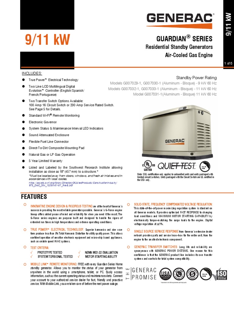 Generac Spec Sheet 9kw and 11kw | PDF | Electric Generator | Battery ...