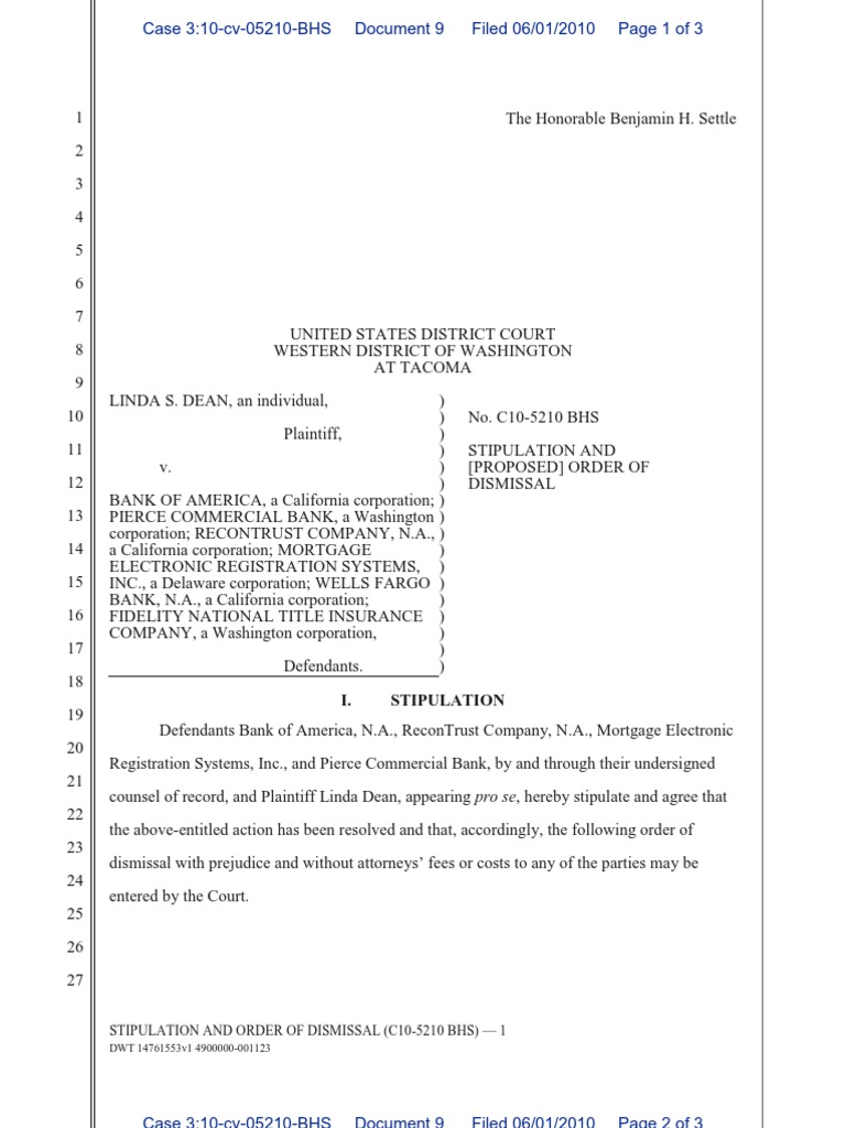 Case Settled Stipulation & Order to Dismiss Mutually Agreed to by