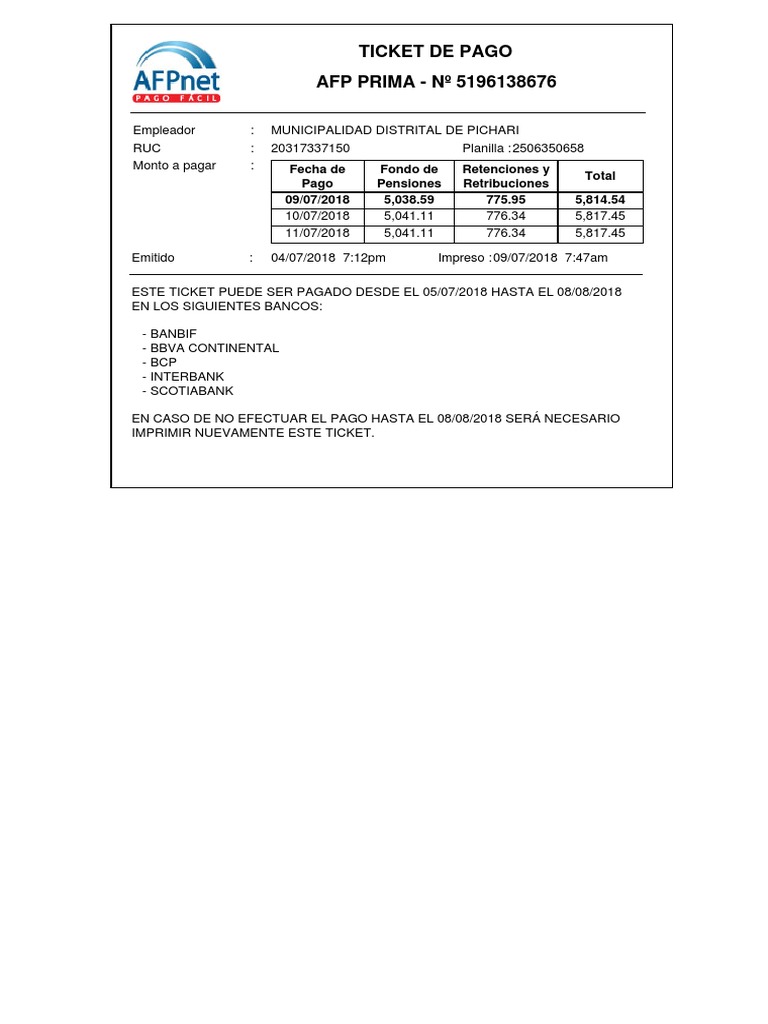 Ticket De Pago AFP PRIMA - Nº 5196138676