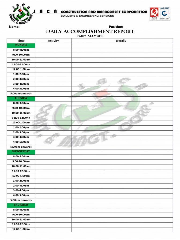 Weekly Daily Accomplishment Report | PDF