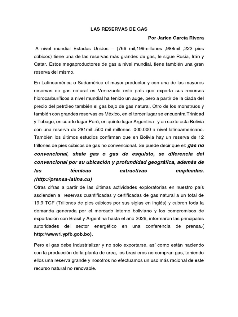 Las Reservas de Gas Del Mundo | PDF | Bolivia | Gas natural