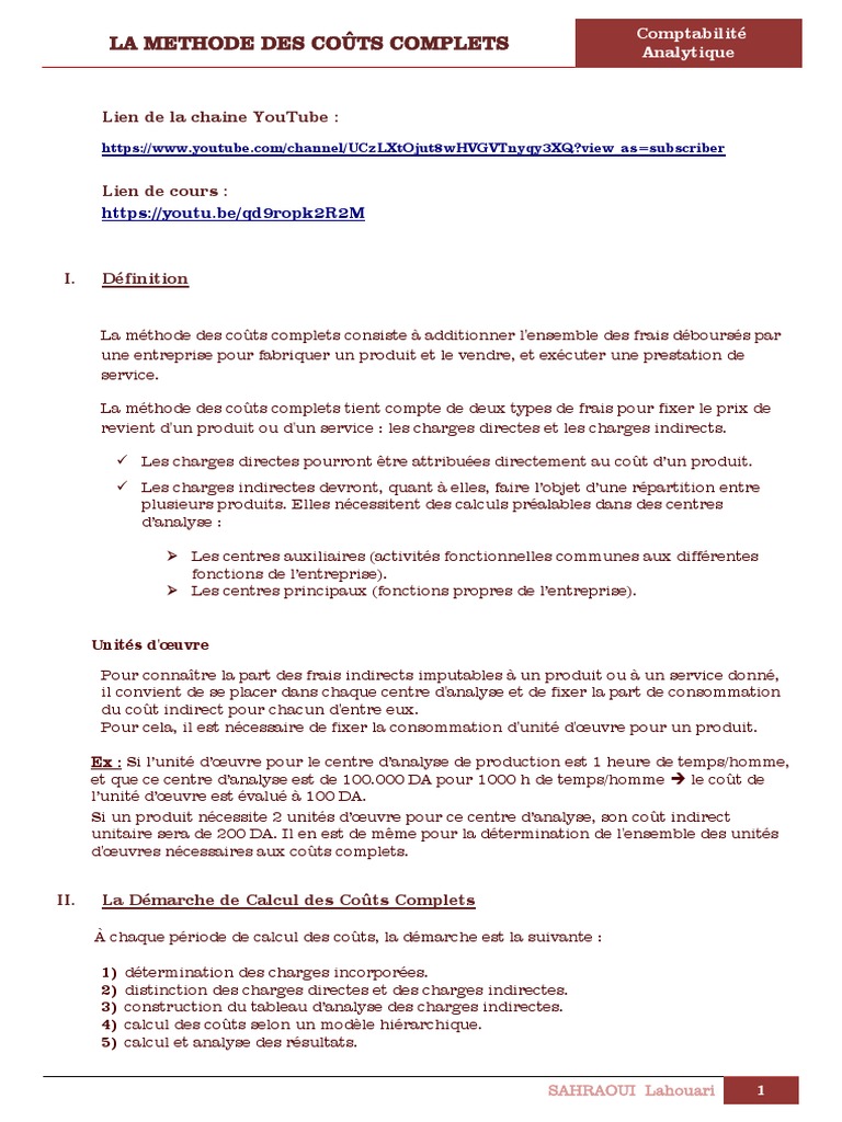 Méthode Des Coûts Complets Exercices Corrigés Pdf La Methode Des Coûts Complets | PDF | Coût de production | Comptabilité  financière