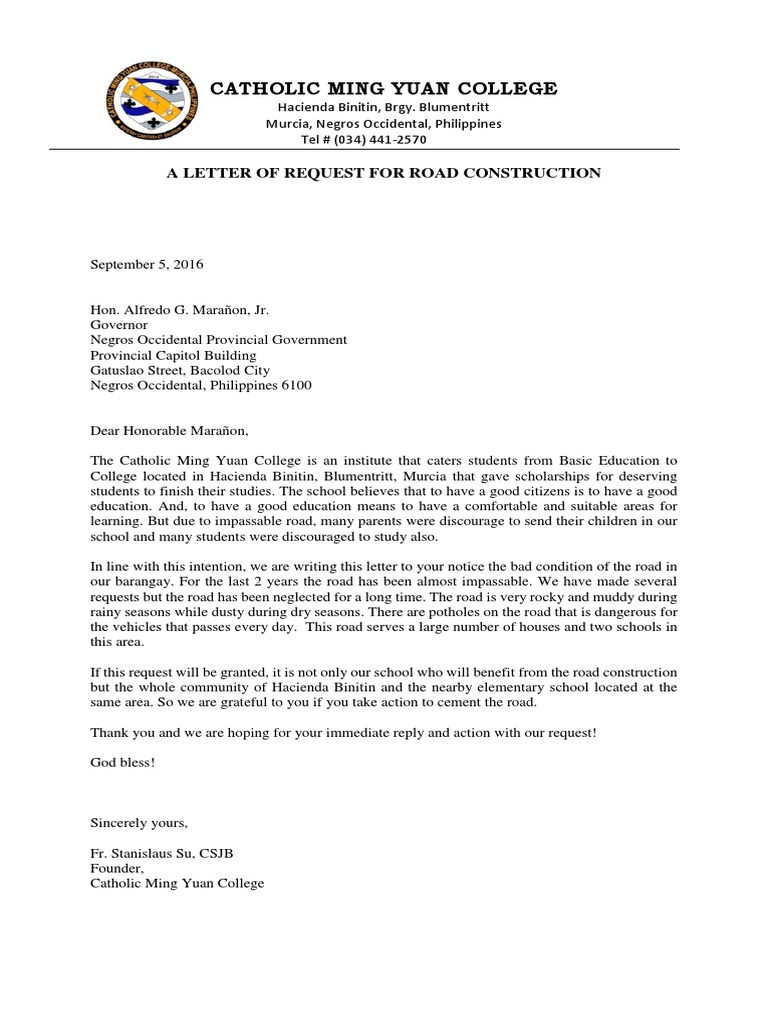 A Sample Letter of Request For Road Construction PDF