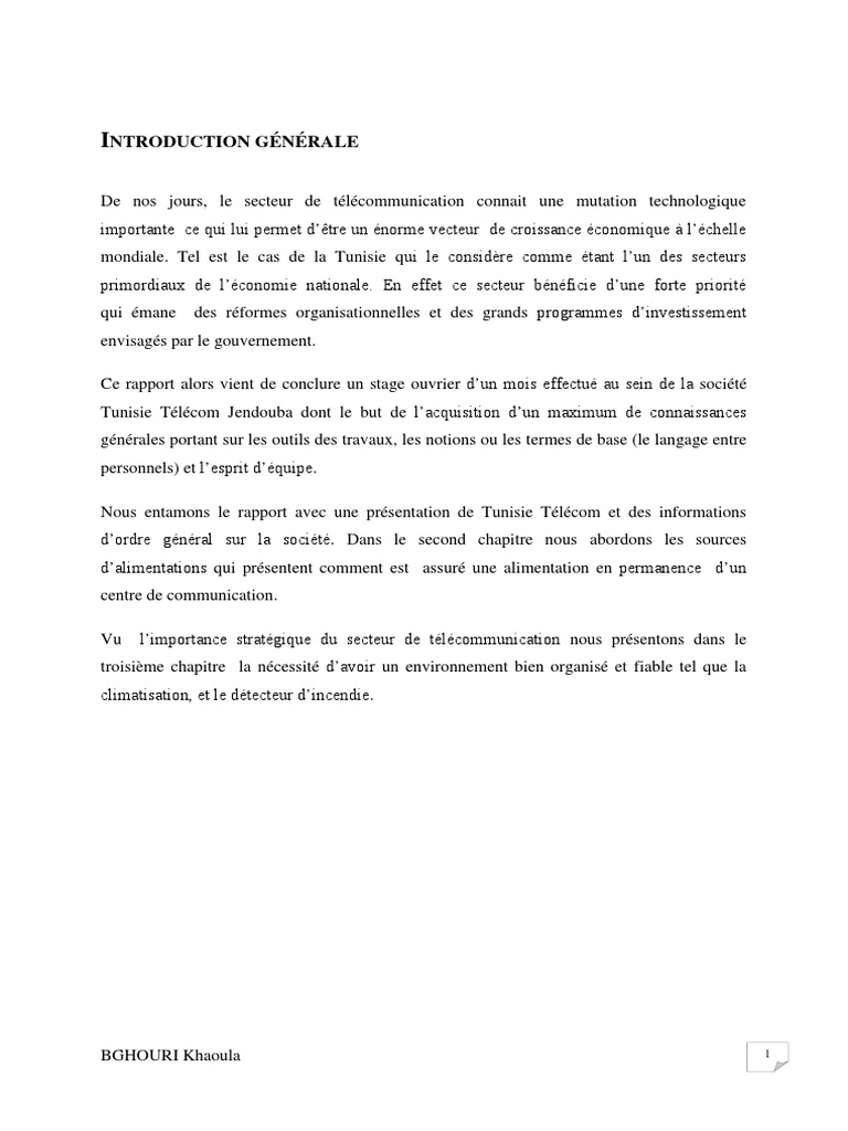 Rapport de Stage Ouvrier Tunisie Telecom  PDF  Climatisation