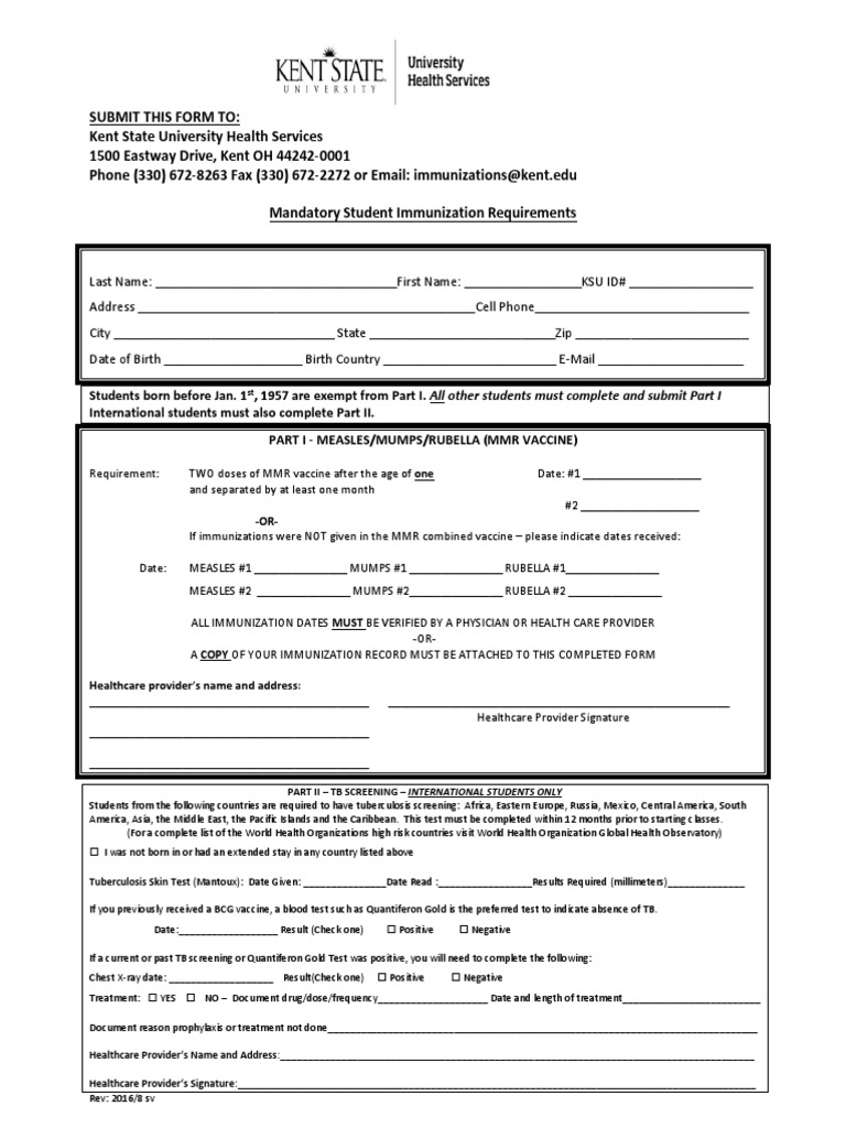 KSU Immunization Form 2016 | PDF | Tuberculosis | Measles