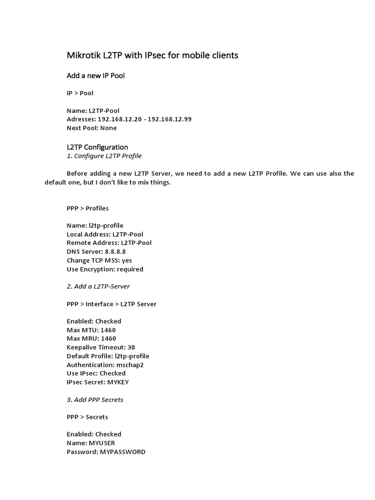 Mikrotik L2TP With IPsec For Mobile Clients | PDF | Secure ...