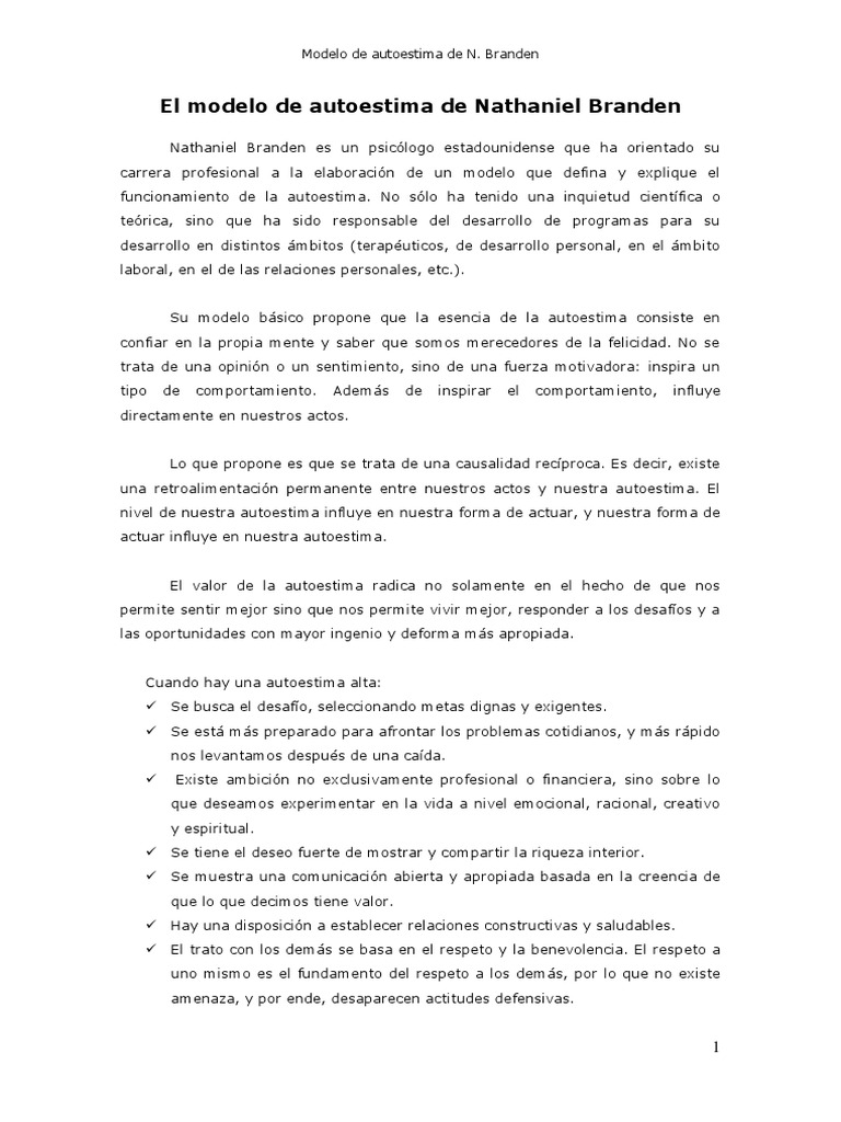 Pilares de la Autoestima según Branden | PDF | Felicidad | Comportamiento