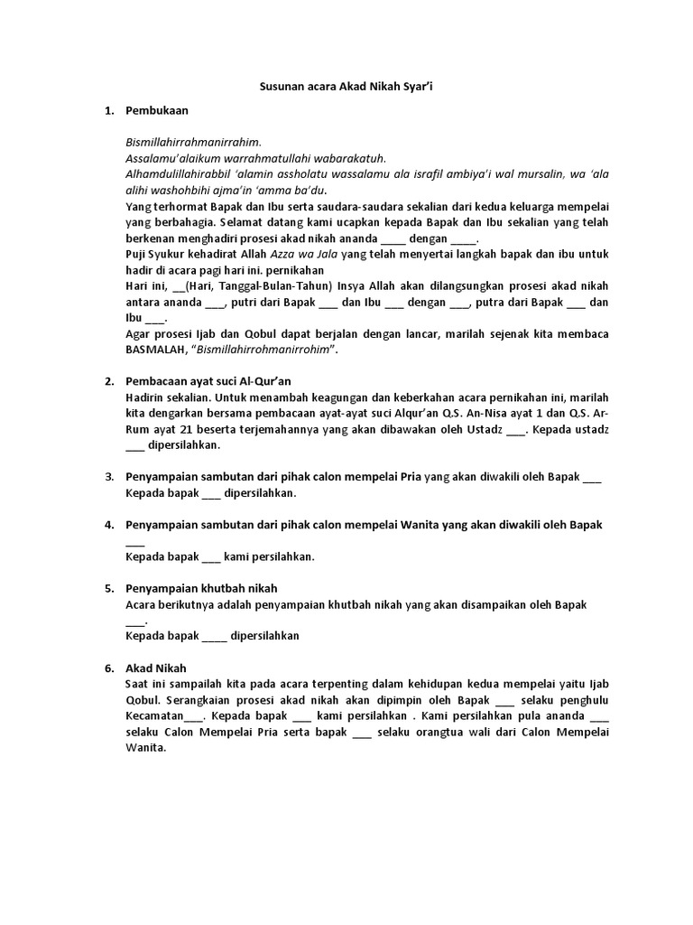 Contoh Susunan Acara Akad Nikah Syar I