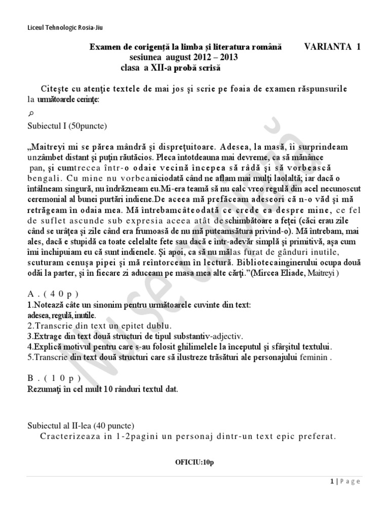 Examen De Corigenta Xii Docx