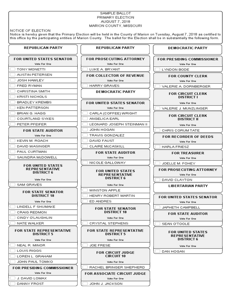 Marion County Sample Ballot 2018 Primary United States House Of