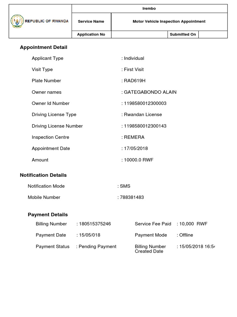 Motor Vehicle Inspection Appointment 15052018165442 PDF Driver's License Vehicles