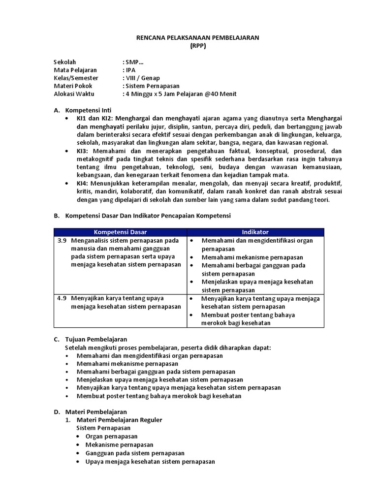 Rpp Pernapasan 9 Mgmp