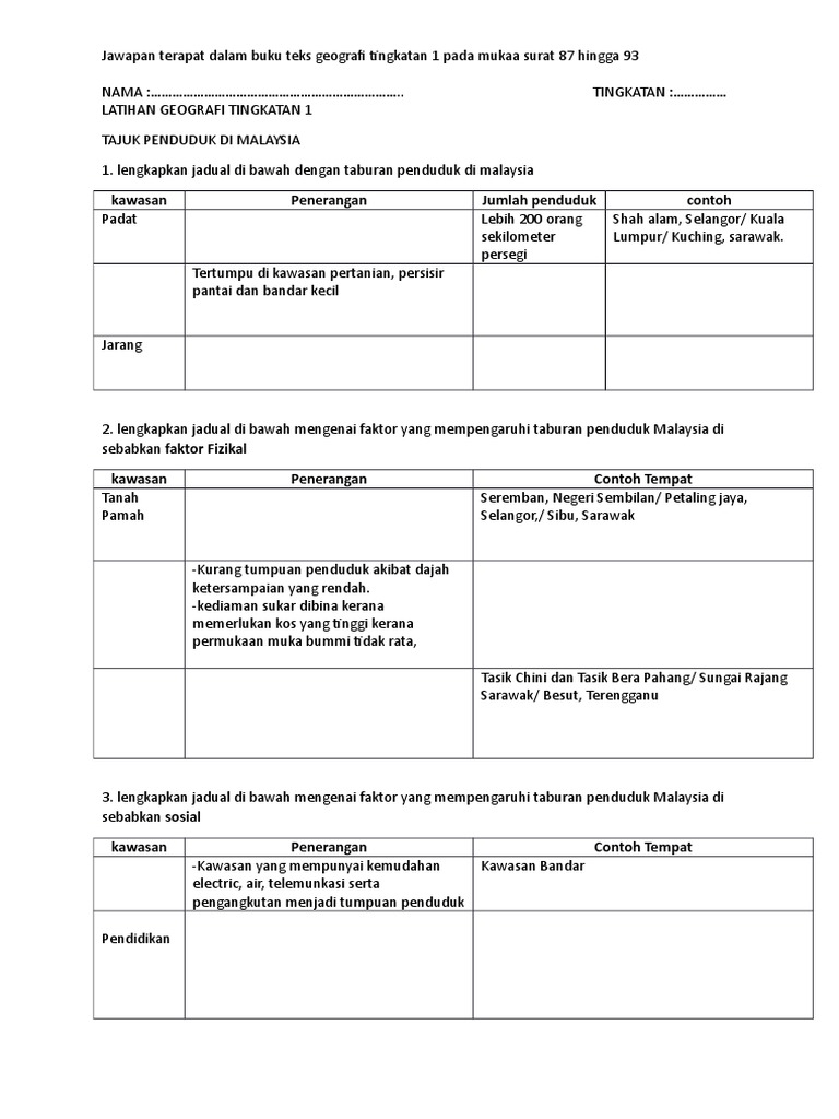 Penduduk Di Malaysia Latihan 1 Geografi Tingkatan 1