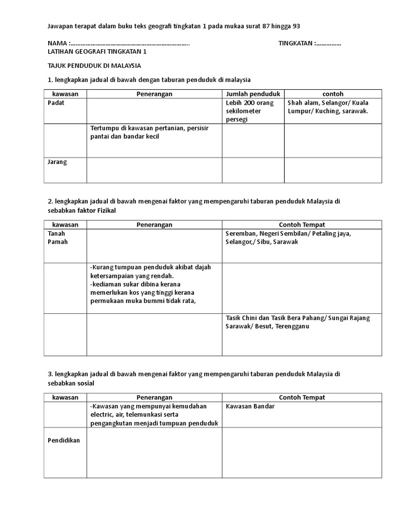 Penduduk Di Malaysia Latihan 1 Geografi Tingkatan 1  PDF