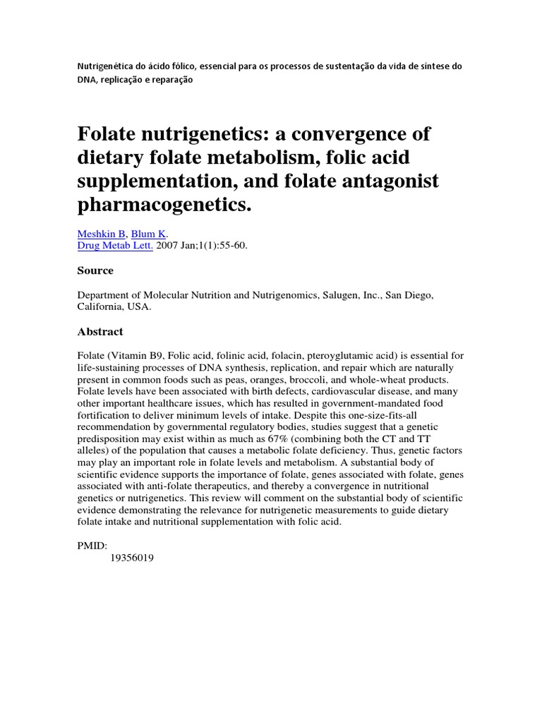 Folate Nutrigenetics: A Convergence of Dietary Folate Metabolism, Folic ...