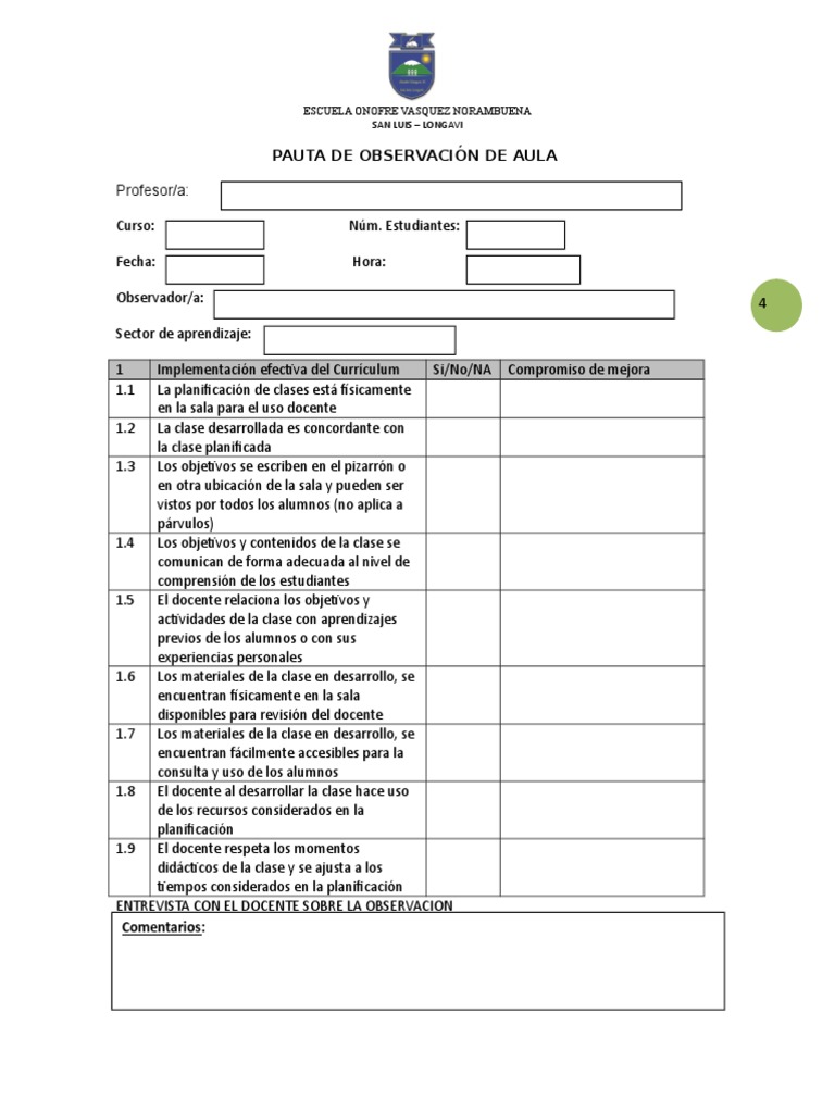 Pauta de Observación de Aula | PDF | Maestros | Salón de clases