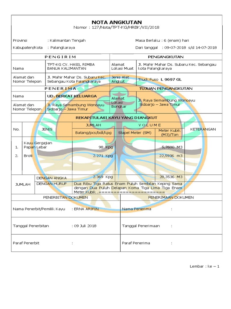 Nota Angkutan Nomor 127notatpt Kghrbkvii2018